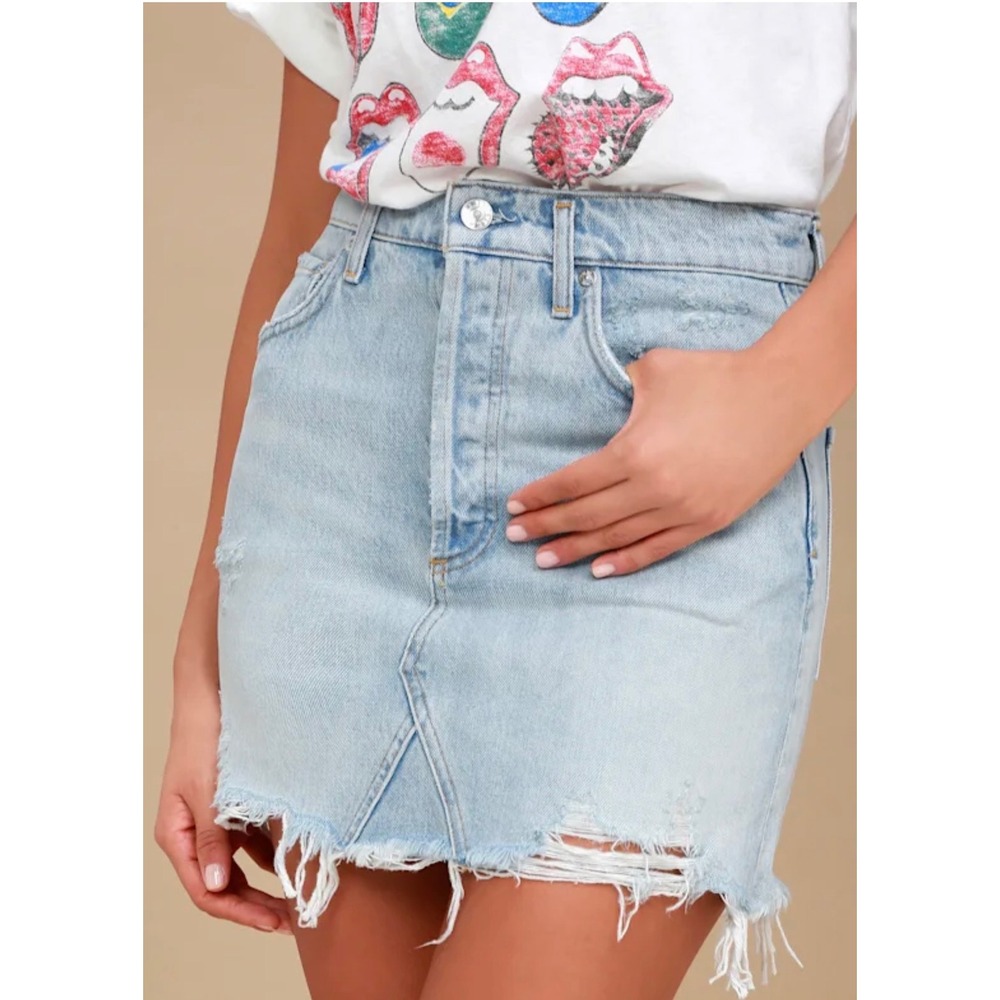 AGOLDE Quinn High Rise Distressed Denim Mini Skirt Light Wash‎ Blue 25